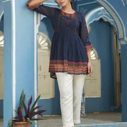 Juniper Indigo Geometric Printed Georgette Peplum Tunic With Tassels image 4