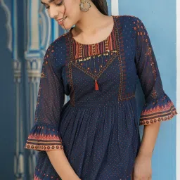 Juniper Indigo Geometric Printed Georgette Peplum Tunic With Tassels image 5