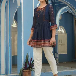 Juniper Indigo Geometric Printed Georgette Peplum Tunic With Tassels image 3
