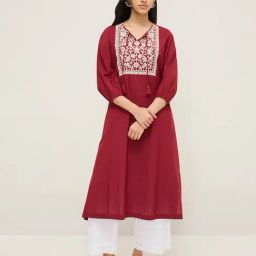 Utsa by Westside Maroon Floral Embroidered Cotton Blend A-Line Kurta-image-1