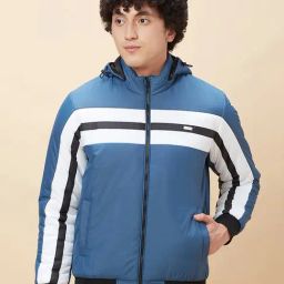 Being Human White & Blue Regular Fit Striped Hooded Jacket-10