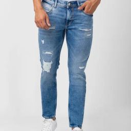 Spykar Blue Cotton Tapered Fit Distressed Jeans-image-64