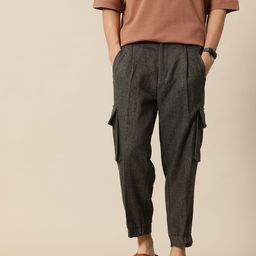 Mr Bowerbird Men Chevron Self Design Tweed Pleated Cargos Trousers-image-17