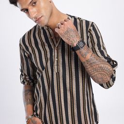 Anouk Rustic Band Collar Woven Design Striped Roll-Up Sleeves Kurta-51