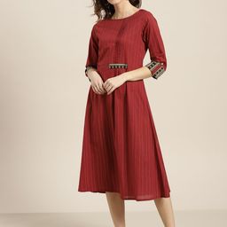 Sangria Maroon & White Striped A-Line Dress-image-79