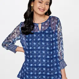 Global Desi Women Blue Floral Printed Keyhole Neck Top-image-17