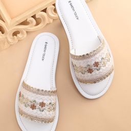 Earthy Touch Slip On Ethnic Wear Embroidered Mojaris Embellished with Sequins - White-image-71