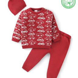 Babyhug Organic Cotton Full Sleeves Car Design Sweater Set with Cap - Red-image-90