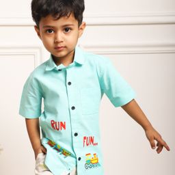 Polka Tots Half Sleeves Run Fun Train Printed Shirt - Sea Green-image-96