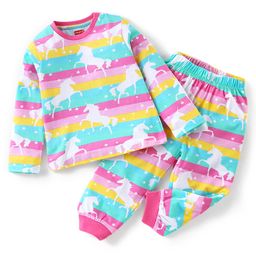 Babyhug Cotton Knit Single Jersey Full Sleeves Night Suit With Striped & Unicorn Print - Pink & Blue-18