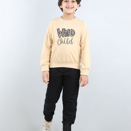 Aww Hunnie Full Sleeves Placement Wild Child Text Printed Winter  Sweatshirt And     Joggers Set - Beige-picture-17