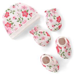 Babyhug 100% Cotton Knit Cap Mittens & Booties Set Floral  Print- White-image-85