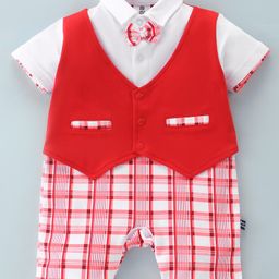 Mini Taurus Cotton Knit Half Sleeves Checked Party Romper with Bow - Red-image-33