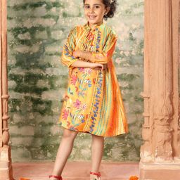 Babyhug Woven Frock with Three Fourth Sleeves Outer Jacket Floral Print - Yellow-image-92
