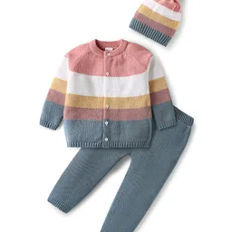 Babyhug Cotton Knit Full Raglan Sleeves Front Open Sweater Set With Stripes & Cap - Multi Colour-picture-13