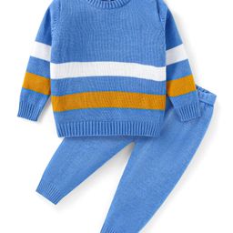 Babyhug Knitted Full Sleeves Pullover Striped Sweater Set - Blue Mustard & White-image-33