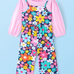 Babyhug Single Jersey Knit Floral Printed Jumpsuit with Solid Full Peasant Sleeves - Pink & Navy Blue-image-83
