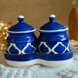 Niyara Multipurpose Storage Ceramic Pickle set Jars & with Lid & tray (Set of 2, 300 ML) (Blue)-10