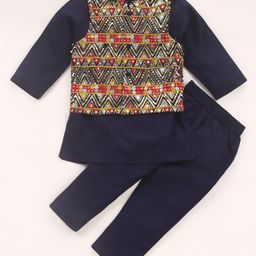 Babyhug  Woven Full Sleeves Kurta Pyjama Set & Nehru Jacket with Sequin Embroidery Detailing - Navy Blue & Red-image-4