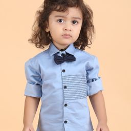 Polka Tots Cotton Full Sleeves Striped  Shirt With Bow Tie  - Blue-image-66