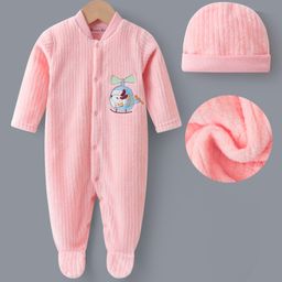 Kookie Kids Full Sleeves Footed Romper With Vehicle Embroidery & Hat - Peach-image-13