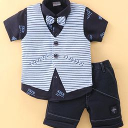Dapper Dudes Half Sleeves Text Printed Shirt With Striped Waistcoat Bow & Shorts - Blue-picture-42