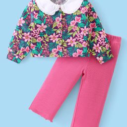 Babyhug Cotton Knit Full Sleeves Peter Pan Collared Floral Printed Front Open Top & Lounge Pants Set - Dark Pink-image-84