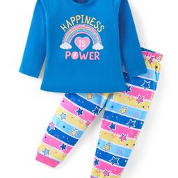 Babyhug Cotton Knit Full Sleeves Night Suit With Text & Stripes Print - Blue-image-77