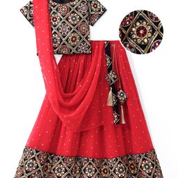 Pine Kids Woven Half Sleeves Banjara Designed Embroidered Choli Lagenga Set with Dupatta -Red & Navy-image-8