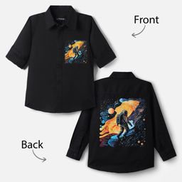 Pine Kids Cotton Woven Full Sleeves Shirt With Front & Back Space Theme Print - Black-image-53
