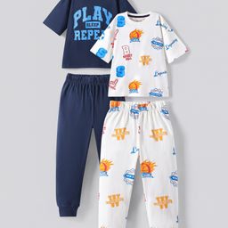 Primo Gino Cotton Knit Full Drop Shoulder Sleeves Night Suits With Text Print Pack Of 2-Blue & Off White-image-33