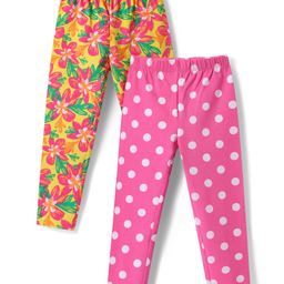 Babyhug Cotton Knit Full Length Leggings with Floral & Polka Dot - Pink & Yellow-image-91