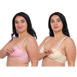 Fabme Pack Of 2 Cotton Sleeveless Solid Nursing Bras - Skin & Pink-image-97