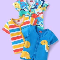 Babyhug 100% Cotton Knit Half Sleeves Front Open Striped Vests with Dino Print Pack of 3 - Blue Yellow & Red-image-15