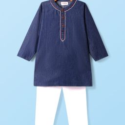 Babyhug Cotton Woven Full Sleeves SolidKurta Pyjama Set With Neck Embroidery- Navy Blue-image-93