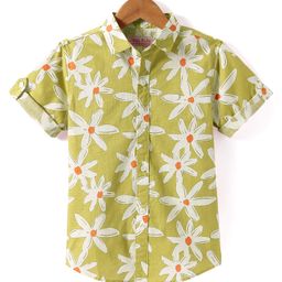 JASH KIDS Cotton Woven Half Sleeves Floral Printed Shirt - Olive Green-image-93
