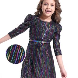 Hola Bonita Knit Three Fourth Sleeves A Line Party Dress with Sequin Detailing - Black-image-32
