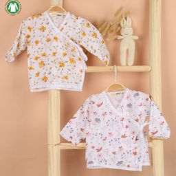 Mom's Home Muslin Organic Cotton Pack Of 2 Full Sleeves Floral & Leaves Printed Jhablas - White & Pink-image-51