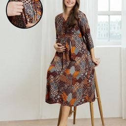 MomToBe Rayon Three Fourth Sleeves Abstract Printed Maternity Dress With Concealed Zipper Nursing Access - Multi Colour-picture-13