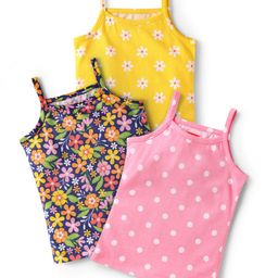 Babyhug 100% Cotton Single Jersey Knit Sleeveless Slips With Floral & Polka Dot Print Pack Of 3 - Pink Yellow & Navy Blue-image-92