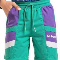 Pine Kids Looper Knit Knee Length Cut & Sew Shorts with Champ Text Print - Green & Purple-image-84