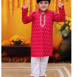 BownBee Pure Cotton Full Sleeves Floral Printed Lace Embellished Kurta Pyjama Set - Red-image-56