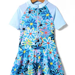 KIDLINGSS Half Raglan Sleeves Floral Printed Dress Style Swimsuit - Blue-picture-3