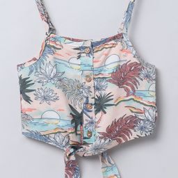 Taffykids Linen Sleeveless Tropical Theme Printed Crop Top - Peach & Multi Colour-image-57