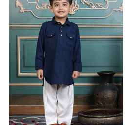 Polka Tots Cotton Full Sleeves Solid Pathani Style Kurta & Pyjama Set - Blue-image-25
