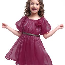 Hola Bonita Woven Half Sleeves Shiny Fabric Solid Frock With Floral Applique & Belt - Wine-image-76