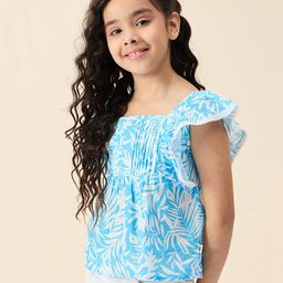 StyloBug Cotton Half Flutter Sleeves Leaves Printed Top - Blue-image-20