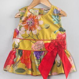 Hugsntugs Woven Cotton Sleeveless Floral Printed Bow Applique Top - Mustard-image-83