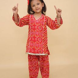 Little Ginnie Cotton Woven Full Sleeves Bandhani Printed & Gota Lace Embellished Kurta & Pant Set - Red-picture-22