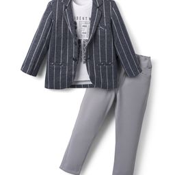 Radutu Full Sleeves Striped Blazer With Creative Text Printed Tee & Pant Set - Blue & Grey-image-74